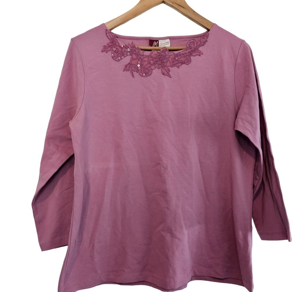 Vintage JM Collection Blouse Womens Large Pink Lace Floral Stretch Soft Casual